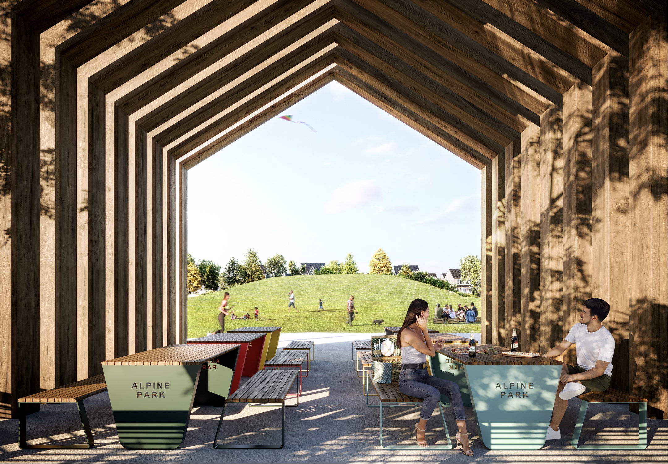 a picnic table underneath a designed archway